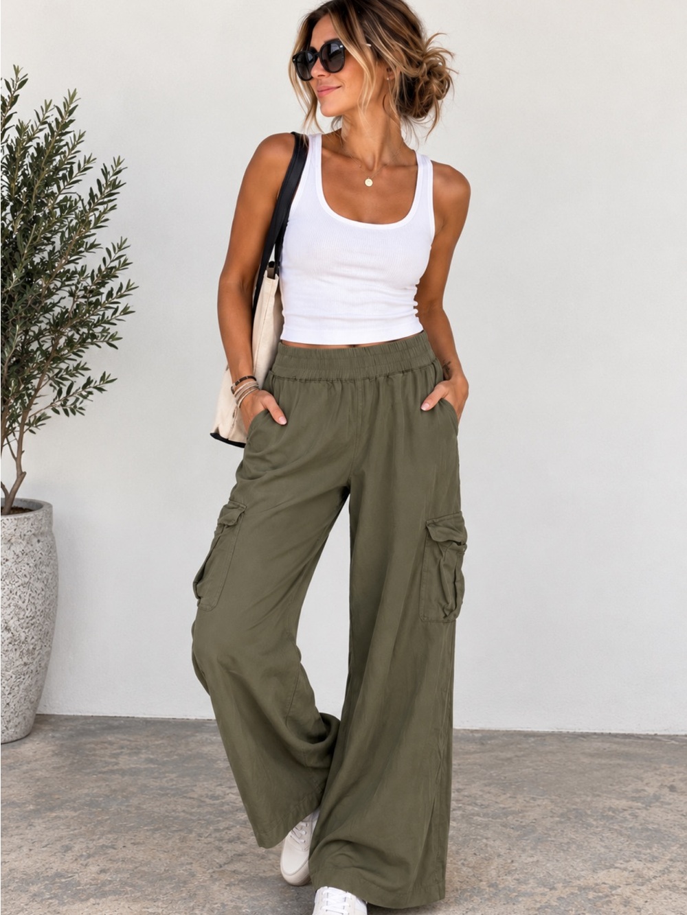 Marine Layer Olive Green Wide Leg Cargo Pants Utility Pull-On
